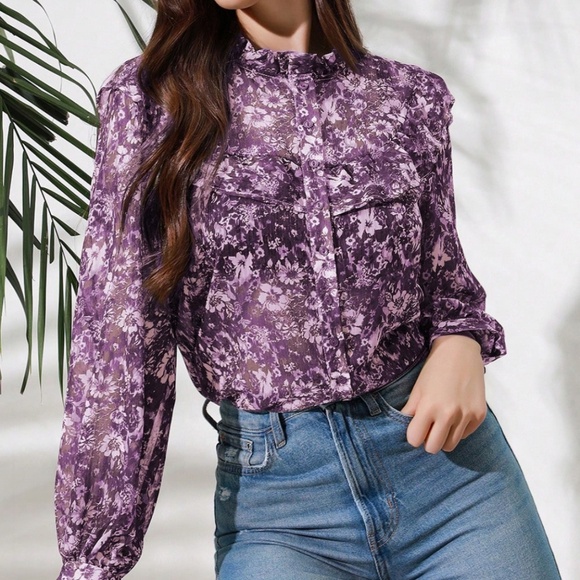 Boho Floral Print Button Down loose Fit Long Sleeve Blouse - Picture 8 of 15